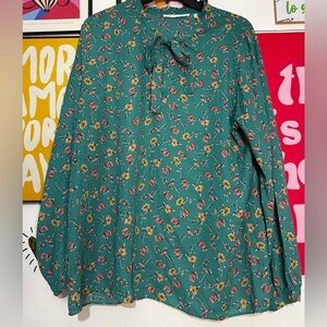 Violet + Claire Women’s Green Floral Blouse XL Long Sleeve Tie Neck